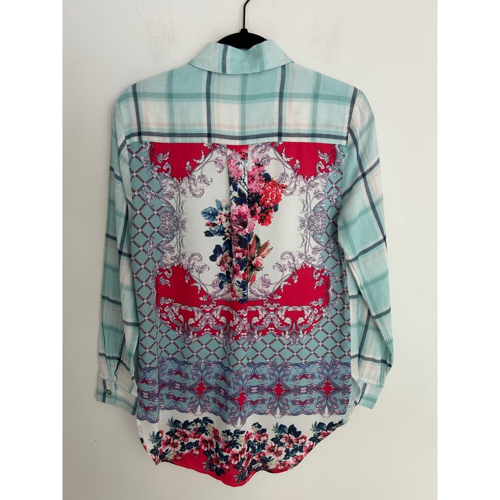 Tribal Jeans Plaid Floral‎ Mixed Media Button Up Shirt Teal Pink XS